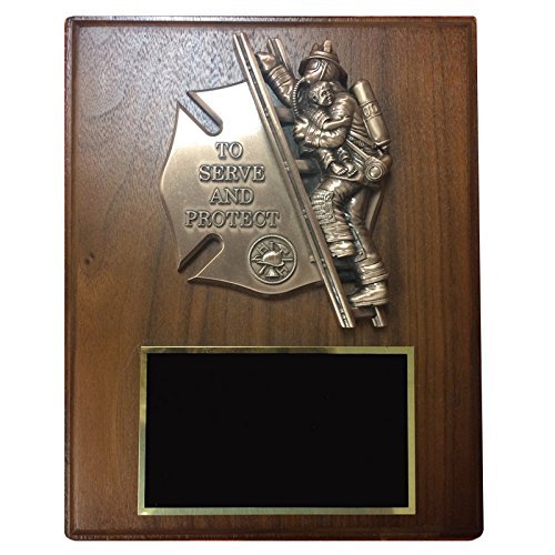 SHOP AWARDS AND GIFTS Customizable Firefighter with Child Trophy Plaque Award Gift, Personalized Custom Engraved 8 x 10 Inch, Walnut Veneer, Includes Personalization