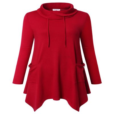 Bulotus Women's Long Sleeve Drawstring Cowl Neck Asymmetrical Hem Tunic Top with Pockets,Red,Small