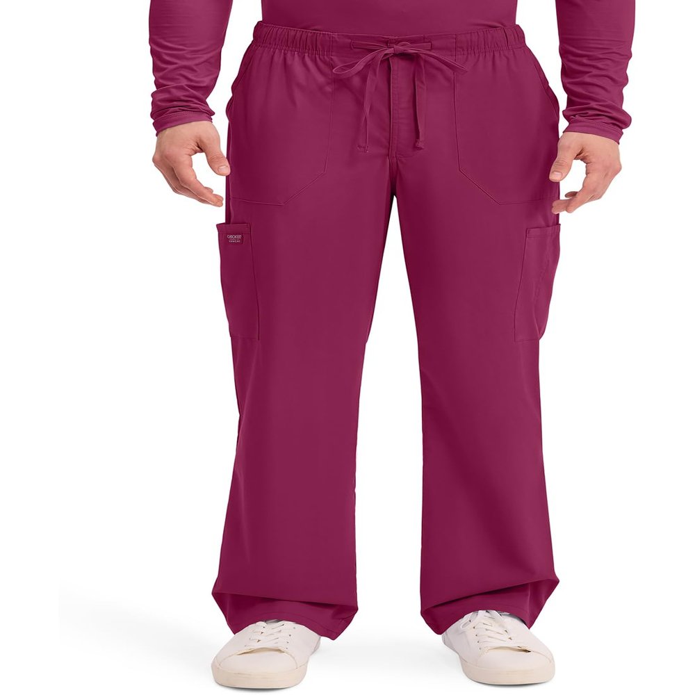Cherokee Scrubs for Men Tapered Leg Cargo Scrub Pants with Zip Fly, 5 Pockets Elastic Waist 2-Way Stretch & Easy Care - WW190, L, Wine