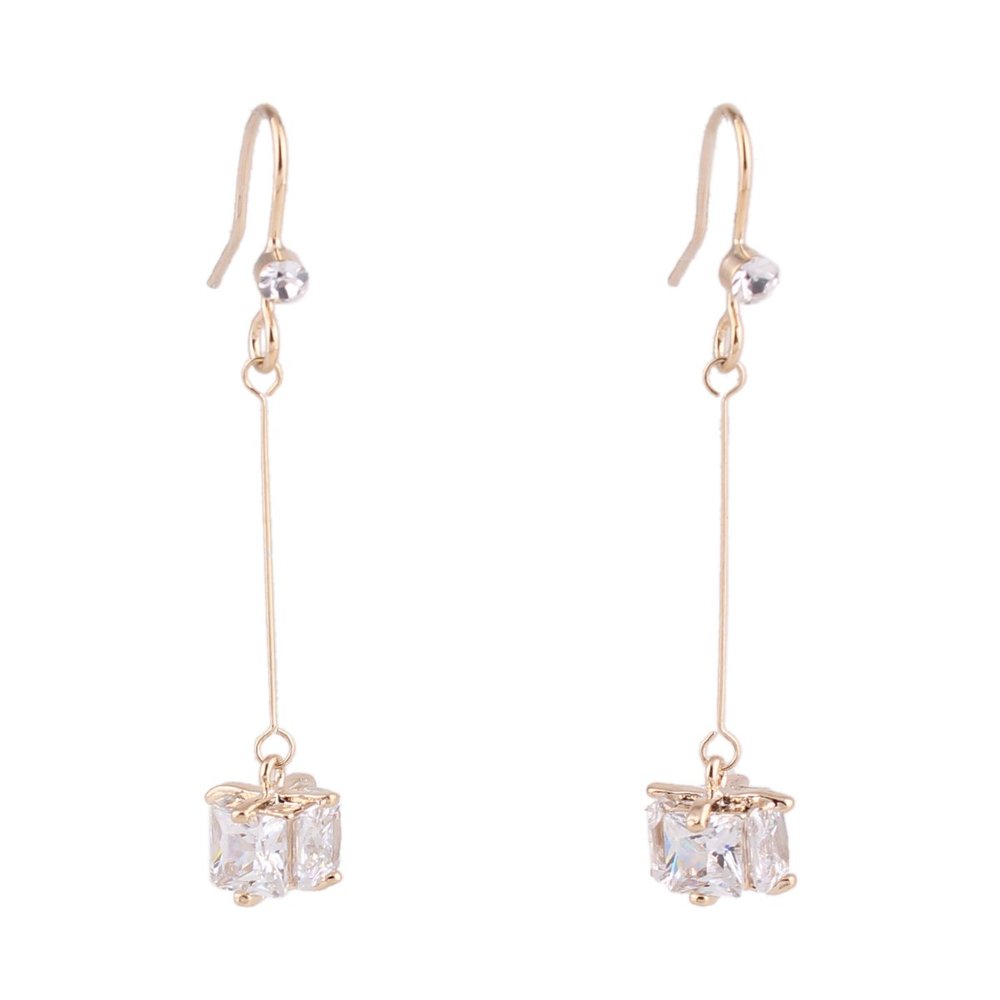 Gold Color or Platinum Plated AAA CZ Gift Box Shape Long Clip on earrings or Drop Pierced Earrings (Gold Pierced)