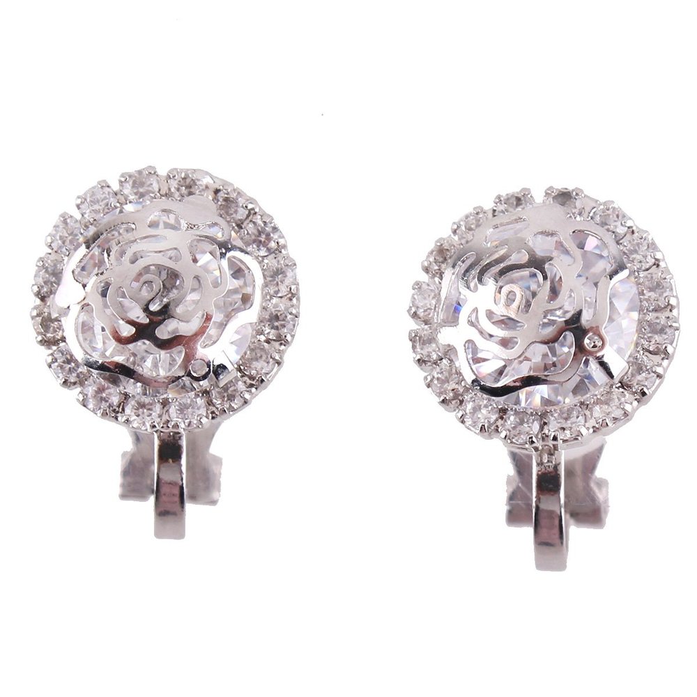 Fashion Cute CZ Flower Clip on Earrings for Women Ear