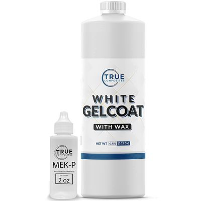 True Composites White Gelcoat with Wax Isophthalic NPG Marine Repair Kit for Boats, Pools & Fiberglass Surfaces UV Resistant, High-Gloss Waterproof Finish (1 Quart + 1oz MEKP-925)