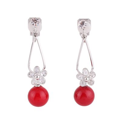 Grace Jun Fashion Simulated Pearl CZ Flower Shape Clip on Earrings No Pierced Earrings (silver red clip on)