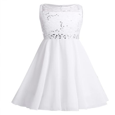 FEESHOW Kids Girls Sequin Lace Formal Wedding Pageant Party Prom Ball Gown Flower Girl Dress Crystal Belt Ivory 6