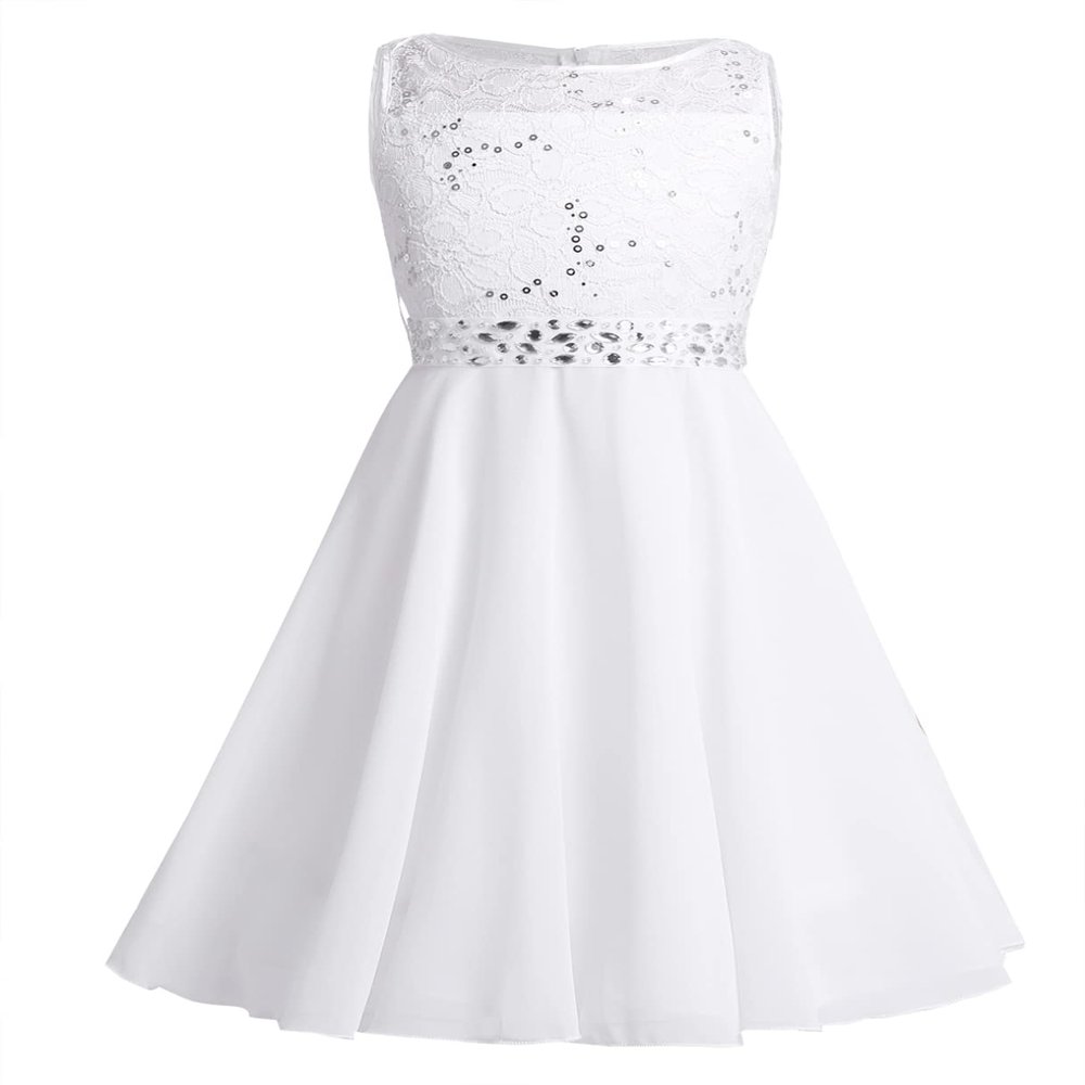 FEESHOW Kids Girls Sequin Lace Formal Wedding Pageant Party Prom Ball Gown Flower Girl Dress Crystal Belt Ivory 6