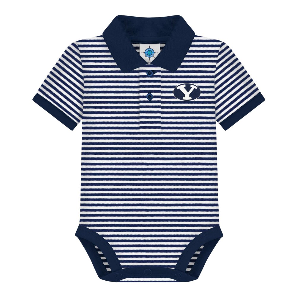 Creative Knitwear College Baby Brigham Young University BYU Cougars Newborn Infant Baby Striped Polo Bodysuit, Navy/White, for Boys & Girls, 3-6 Months