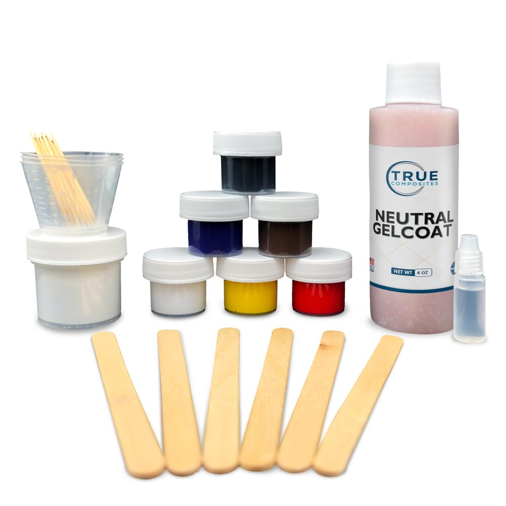 TRUE COMPOSITES Gelcoat Repair Kit  Marine Fiberglass Set with Hardener, Coloring Agents & Tools  Fix Scratches, Cracks & Chips on Boats, Autos, Pools & Jet Skis (Neutral 4oz)