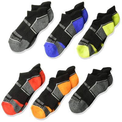 Fruit of the Loom Big Boy's Everyday Active Low Cut Tab Socks-6 Pair Pack Sockshosiery, black, blue, gray, orange, red, green, Boys Shoe Size: 3-9 (Large)