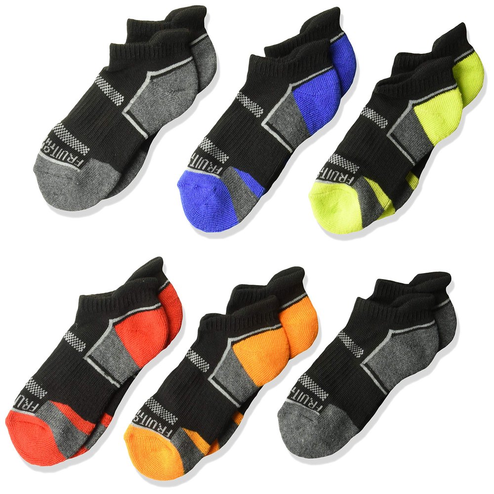 Fruit of the Loom Big Boy's Everyday Active Low Cut Tab Socks-6 Pair Pack Sockshosiery, black, blue, gray, orange, red, green, Boys Shoe Size: 3-9 (Large)