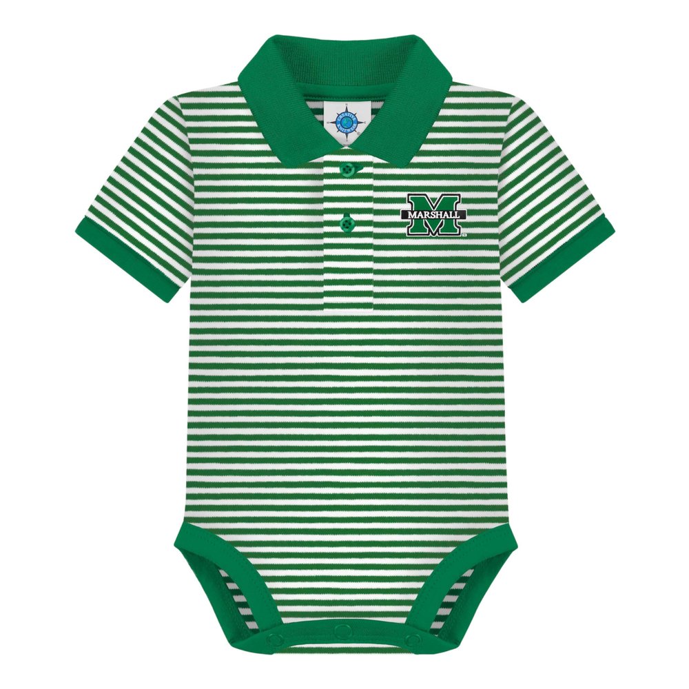 Creative Knitwear College Baby Striped Polo Bodysuit - Marshall Thundering Herd Logo, Kelly/White, for Boys & Girls, 12 Months