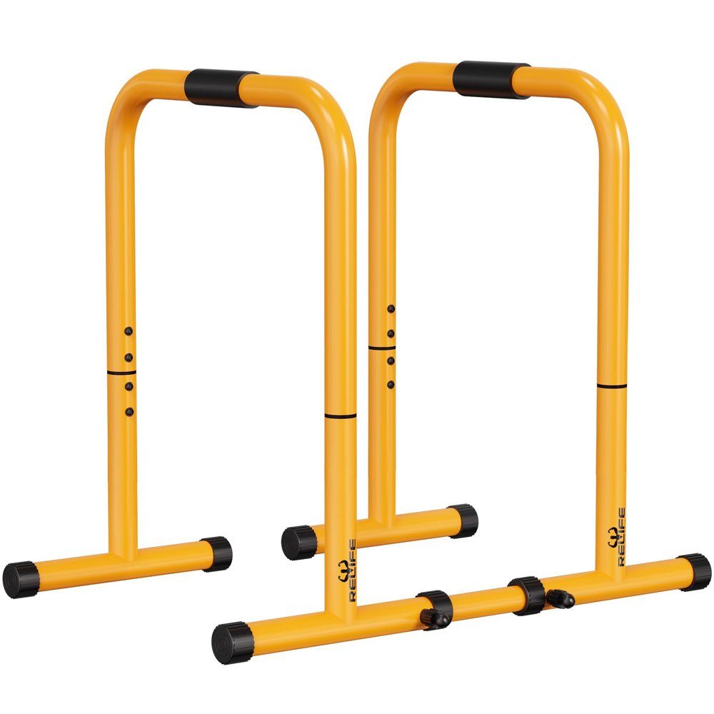 RELIFE REBUILD YOUR LIFE Dip Bars & Dip Station Functional Heavy Duty Dip Stands Fitness Workout Dip bar Station Stabilizer Parallette Push Up Stand (Yellow)