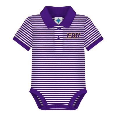 Creative Knitwear College Baby Striped Polo Bodysuit - East Carolina ECU Script Logo, Purple/White, for Boys & Girls, 12 Months
