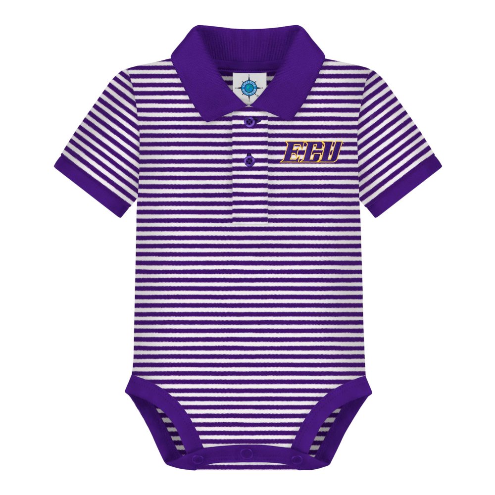 Creative Knitwear College Baby Striped Polo Bodysuit - East Carolina ECU Script Logo, Purple/White, for Boys & Girls, 12 Months