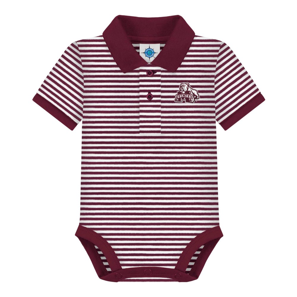 Creative Knitwear College Baby Striped Polo Bodysuit - Mississippi State M State + Bulldog Logo, Maroon/White, for Boys & Girls, 3-6 Months