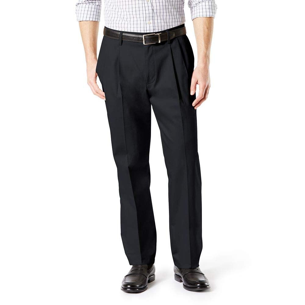 Dockers Men's Big & Tall Classic Fit Signature Khaki Lux Cotton Stretch Pants - Pleated (Regular and Big & Tall), Black, 44W x 32L
