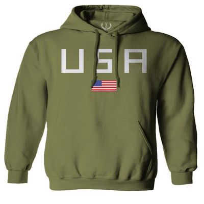 0065. USA American Flag United States of America Patriotic Military Style Sweatshirt Pullover Hoodie (Olive, Large)