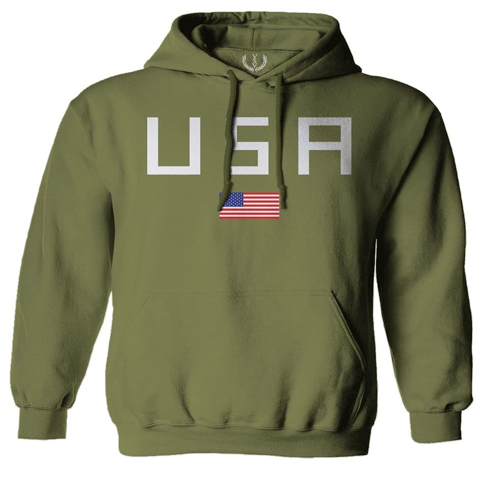0065. USA American Flag United States of America Patriotic Military Style Sweatshirt Pullover Hoodie (Olive, Large)