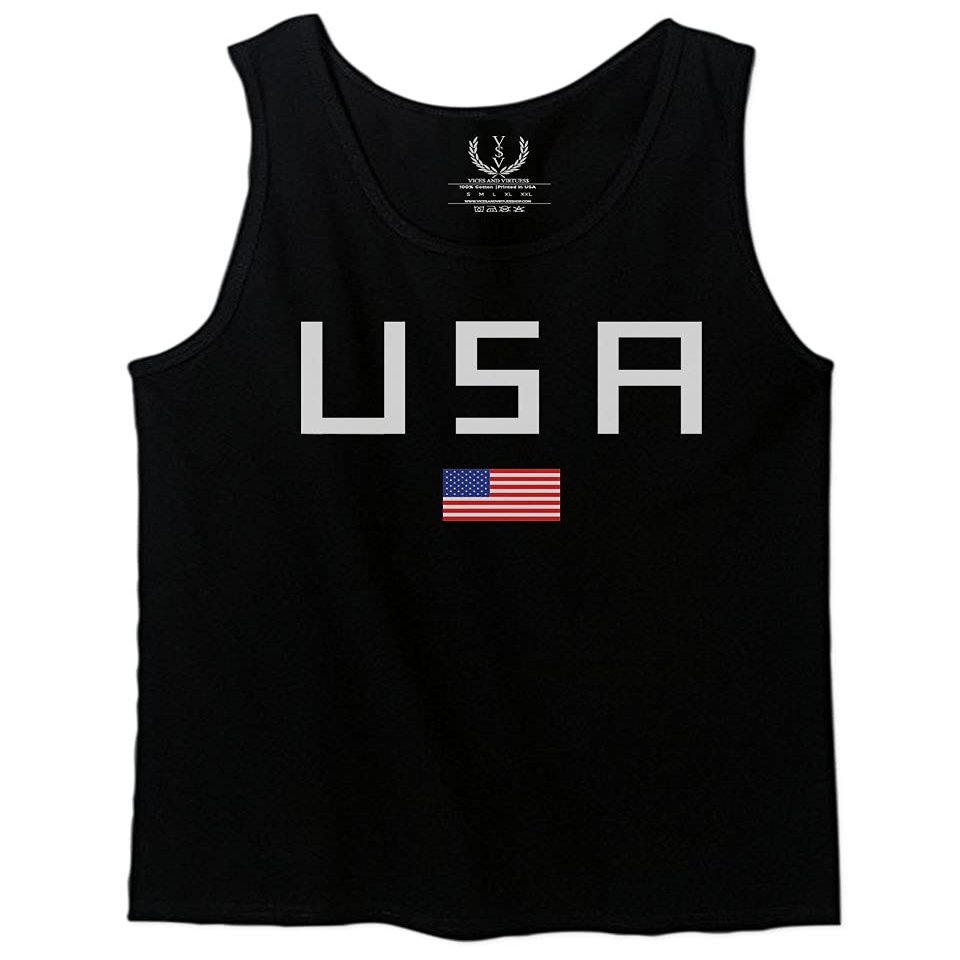 0065. USA American Flag United States of America Patriotic Military Style Men's Tank Top (Black, X-Large)