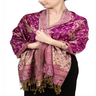 Achillea Soft Silky Reversible Paisley Pashmina Shawl Wrap Scarf w/Fringes (Bright Purple)