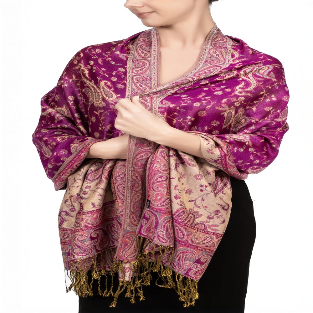 Achillea Soft Silky Reversible Paisley Pashmina Shawl Wrap Scarf w/Fringes (Bright Purple)