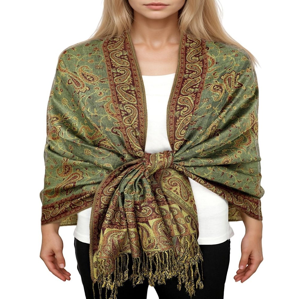 Achillea Soft Silky Reversible Paisley Pashmina Shawl Wrap Scarf w/Fringes (Sage Green)
