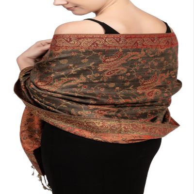 Achillea Soft Silky Reversible Paisley Pashmina Shawl Wrap Scarf w/Fringes (Olive Burgundy)