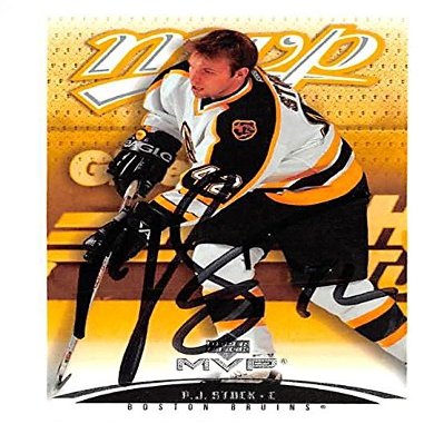 Autograph Warehouse 388103 P J Stock Autographed Hockey Card - Boston Bruins 2003 Upper Deck MVP No.44