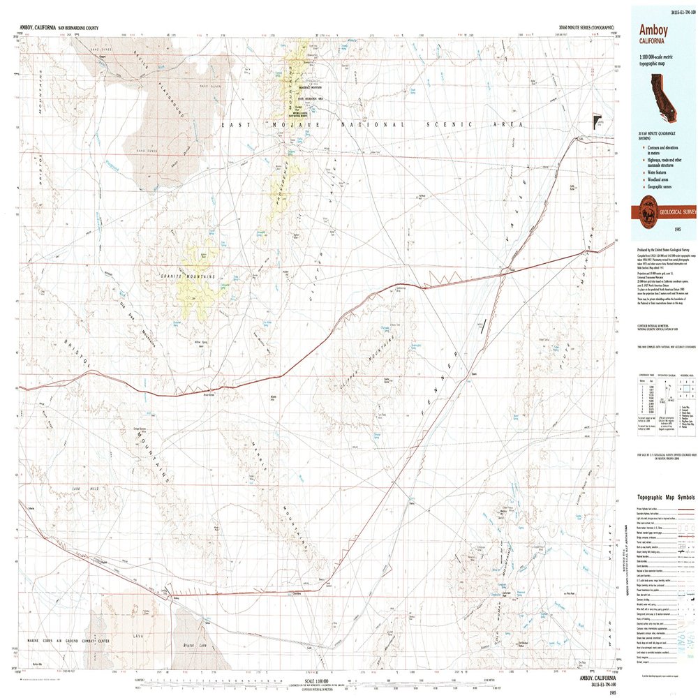 YellowMaps Amboy CA topo map, 1:100000 Scale, 30 X 60 Minute, Historical, 1985, Updated 1985, 24.1 x 42.2 in - Tyvek