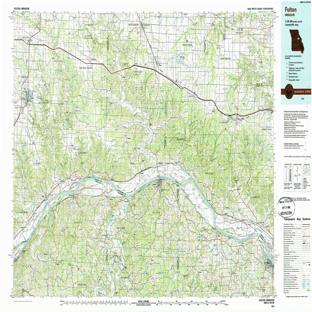YellowMaps Fulton MO topo map, 1:100000 Scale, 30 X 60 Minute, Historical, 1985, Updated 1988, 24.1 x 41.1 in - Tyvek