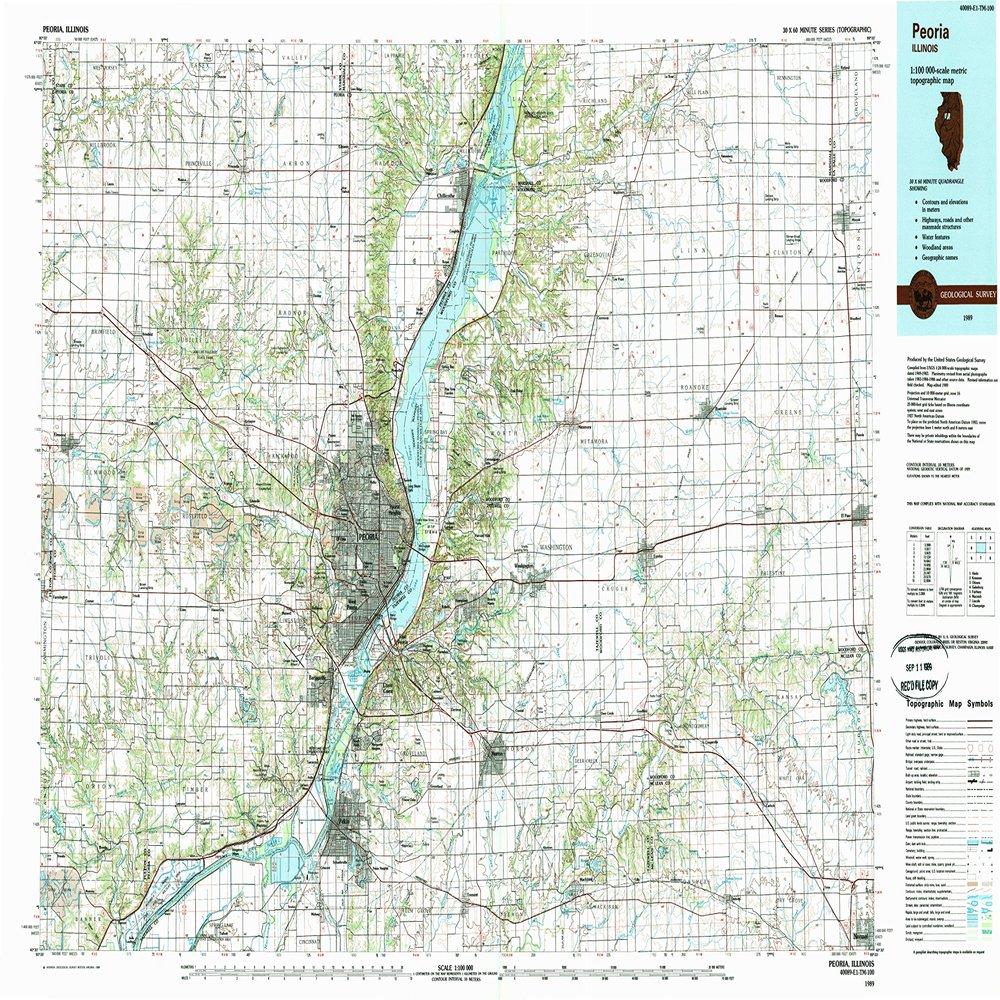 YellowMaps Peoria IL topo map, 1:100000 Scale, 30 X 60 Minute, Historical, 1989, Updated 1989, 24.1 x 40 in - Tyvek