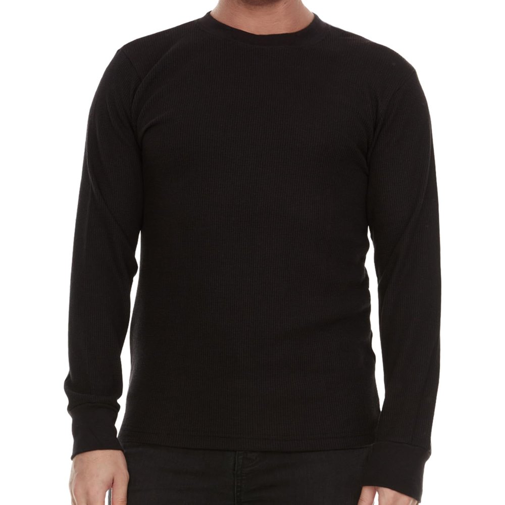 JMR Mens Thermal Shirt Long Sleeve - Heavyweight 100% Cotton Waffle Weave Top, Warm Breathable Base Layer or Standalone Cold Weather Essential (Black)