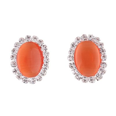 Bridal Rhinestone Opal Oval Shape Clip on Earrings for Women Charm Jewelry No Hole Ear Clip (Orange)