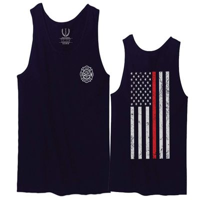 0058. American Flag Thin Red Line Firefighter Support Seal Men's Tank Top (Navy Blue, X-Large)