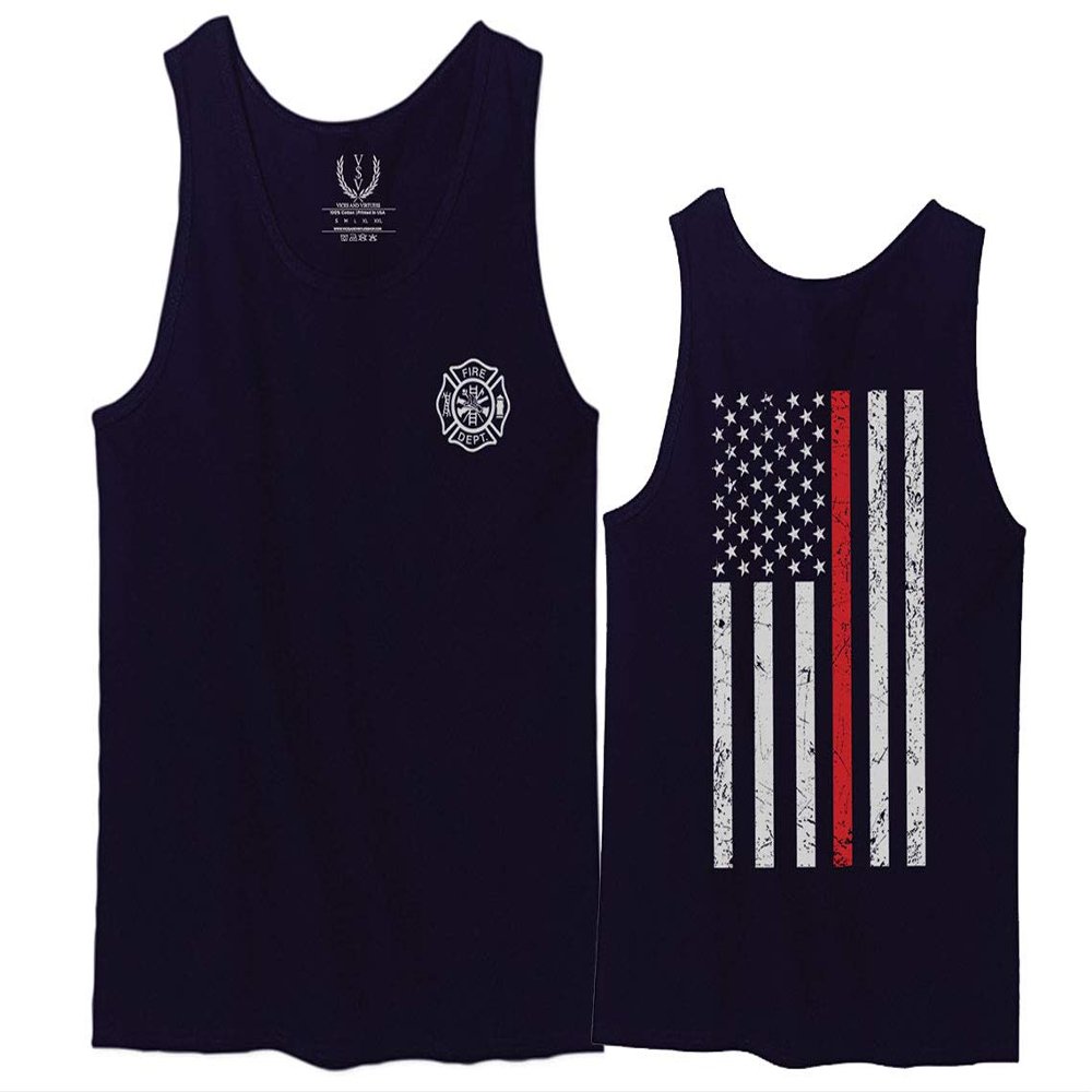 0058. American Flag Thin Red Line Firefighter Support Seal Men's Tank Top (Navy Blue, X-Large)