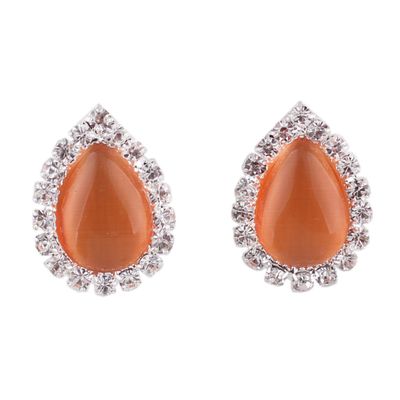 Grace Jun Fashion Rhinestone Opal Silver Plated Water Drop Clip on Earrings Non Piercing Bijouterie (Orange)