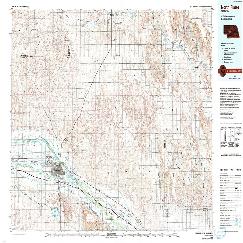 YellowMaps North Platte NE topo map, 1:100000 Scale, 30 X 60 Minute, Historical, 1985, Updated 1994, 24.1 x 40 in - Tyvek