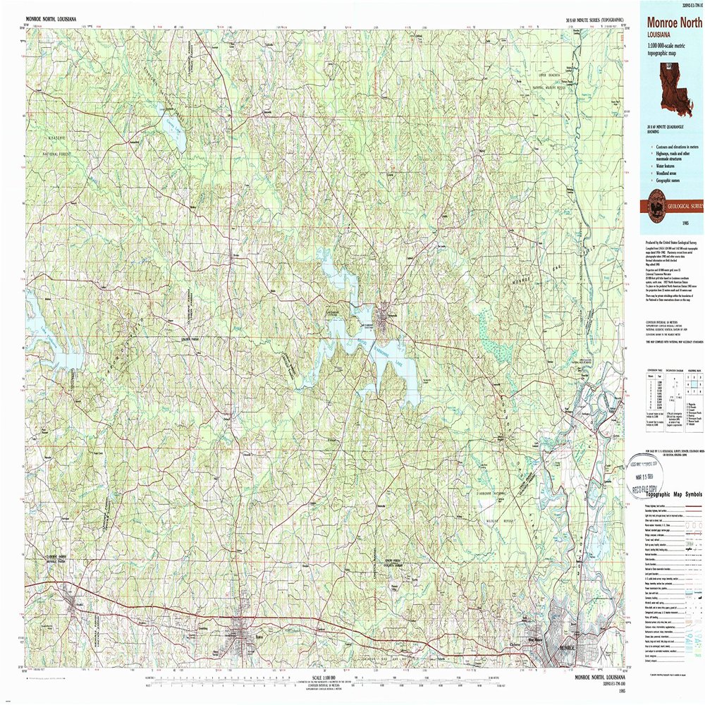 YellowMaps Monroe North LA topo map, 1:100000 Scale, 30 X 60 Minute, Historical, 1985, Updated 1988, 24.1 x 43.4 in - Tyvek