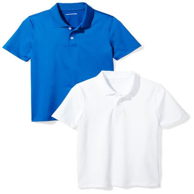Amazon Essentials Boys' Short-Sleeve Active Performance Polo Shirts for School Uniform, Pack of 2, Royal Blue/White, Large