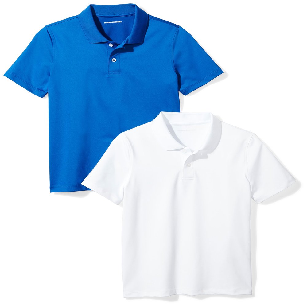 Amazon Essentials Boys' Short-Sleeve Active Performance Polo Shirts for School Uniform, Pack of 2, Royal Blue/White, Large