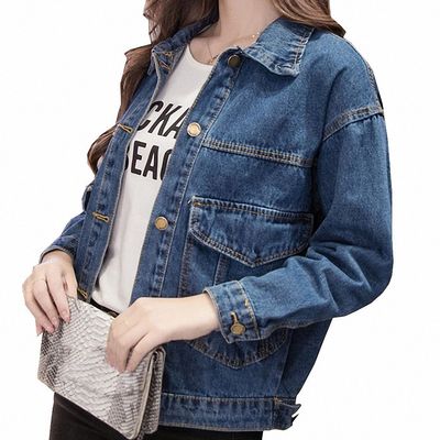 Huiwa Womens Denim Jacket Big Pocket Bf Style Solid Plus Size Jeans Coats Slim Fit S-XL Dark Blue XL