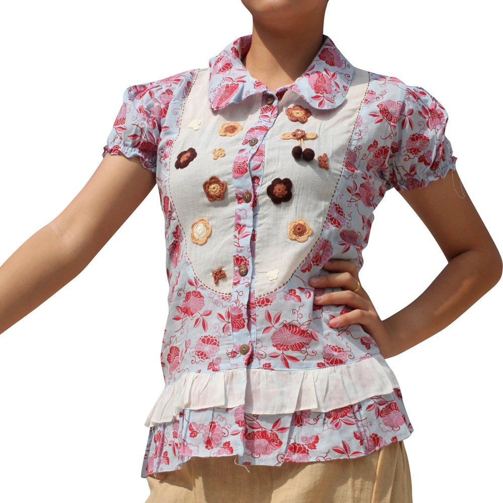 Full Funk Cotton Floral Print Stitched Flowers Girl Shirt in Blue Red