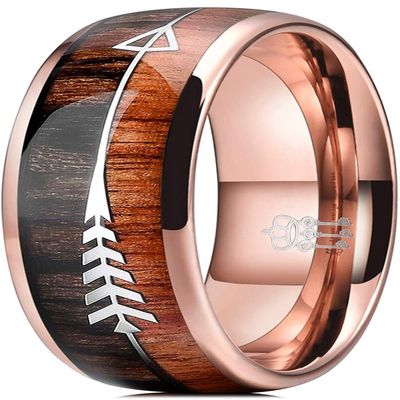 THREE KEYS JEWELRY 8mm Rose Gold Tungsten Wedding Ring with Koa Wood Zebra Wood Two Arrows Inlay Dome Hunting Ring Wedding Band Engagement Ring Size 6.5