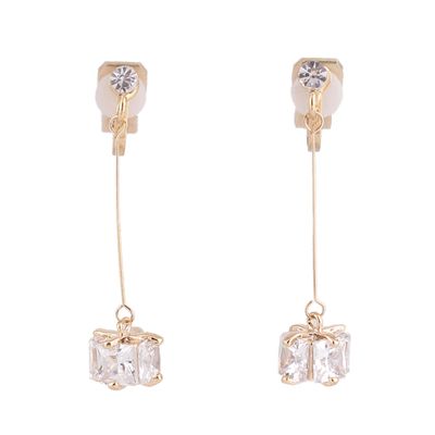 Gold Color or Platinum Plated AAA CZ Gift Box Shape Long Clip on earrings or Drop Pierced Earrings (Gold clip-on)
