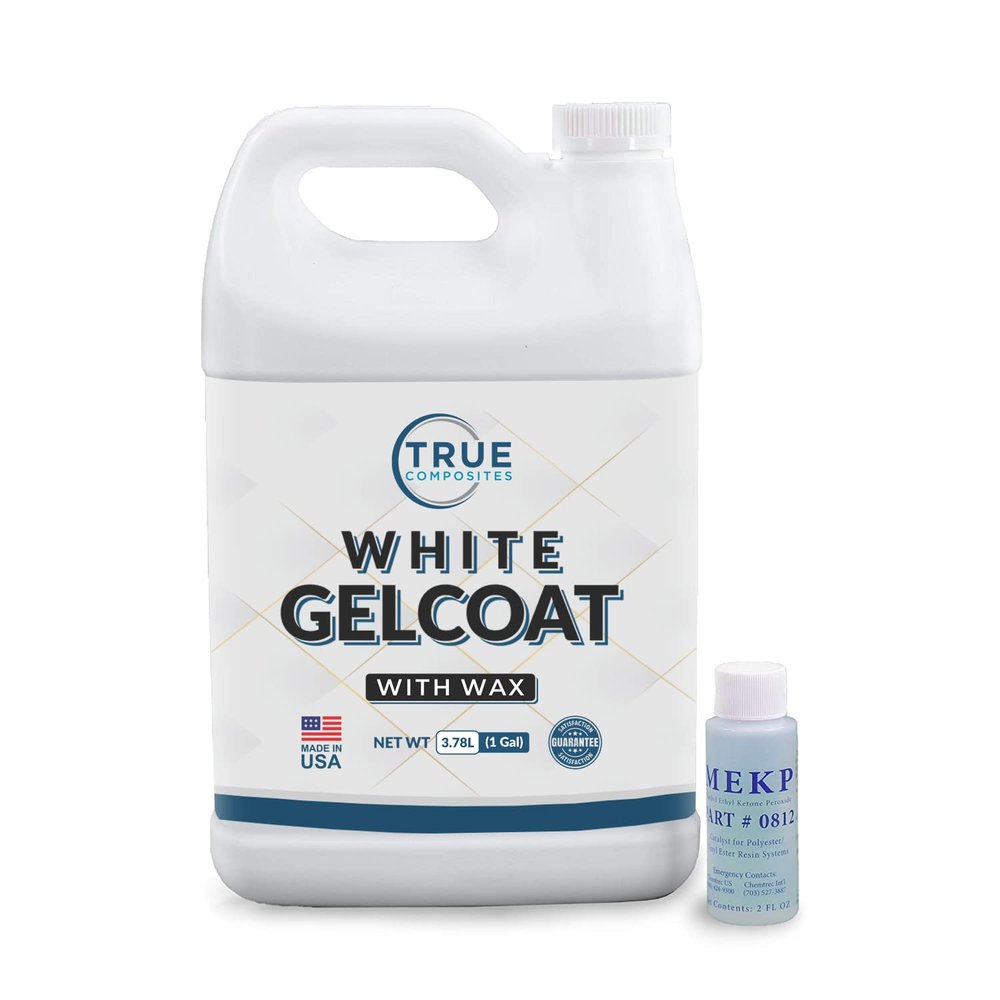True Composites White Gelcoat with Wax  Isophthalic NPG Marine Repair Kit for Boats, Pools & Fiberglass Surfaces  UV Resistant, High-Gloss Waterproof Finish (1 Gallon + 2oz MEKP-925)