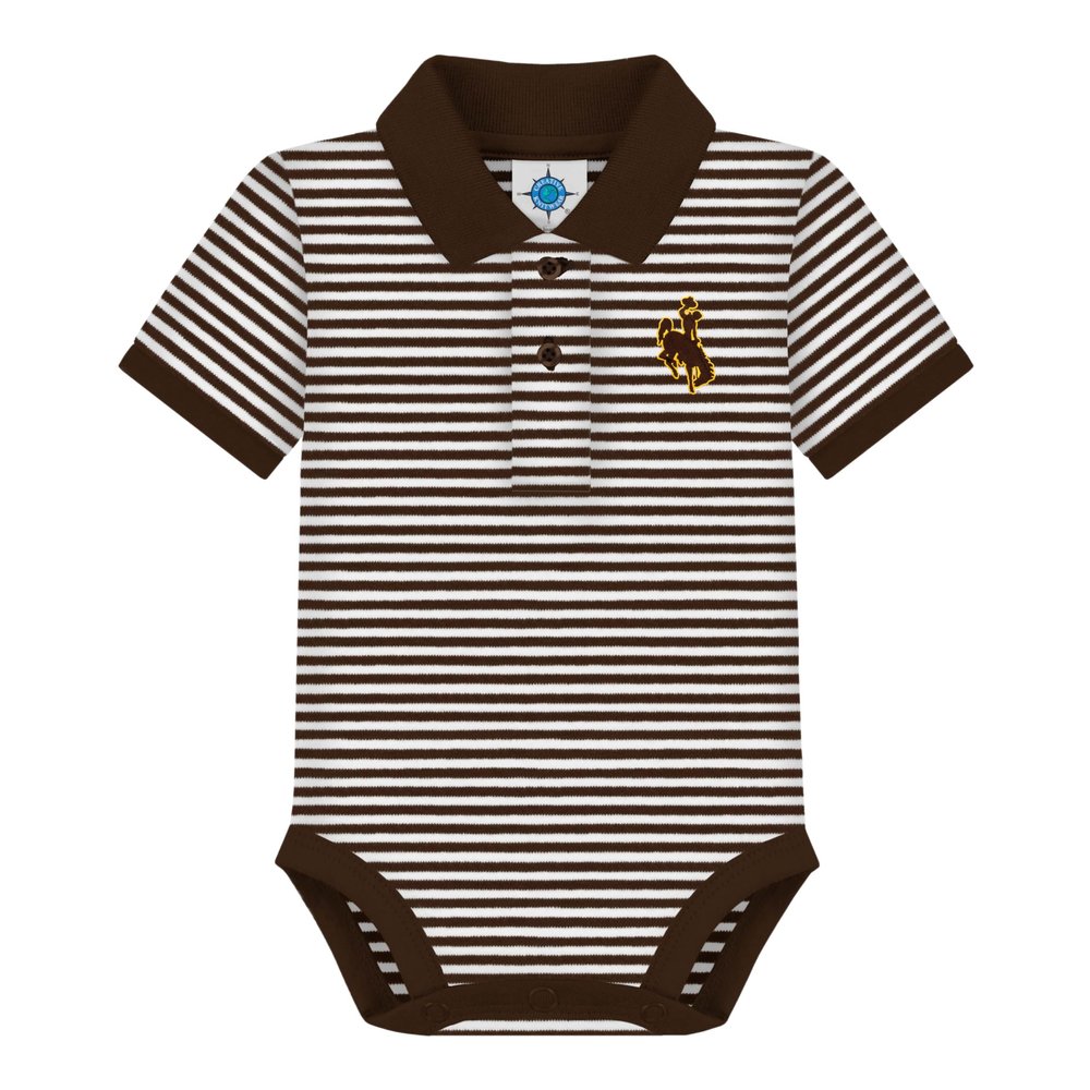 Creative Knitwear College Baby Striped Polo Bodysuit - Wyoming Cowboys Logo, Brown/White, for Boys & Girls, 12 Months