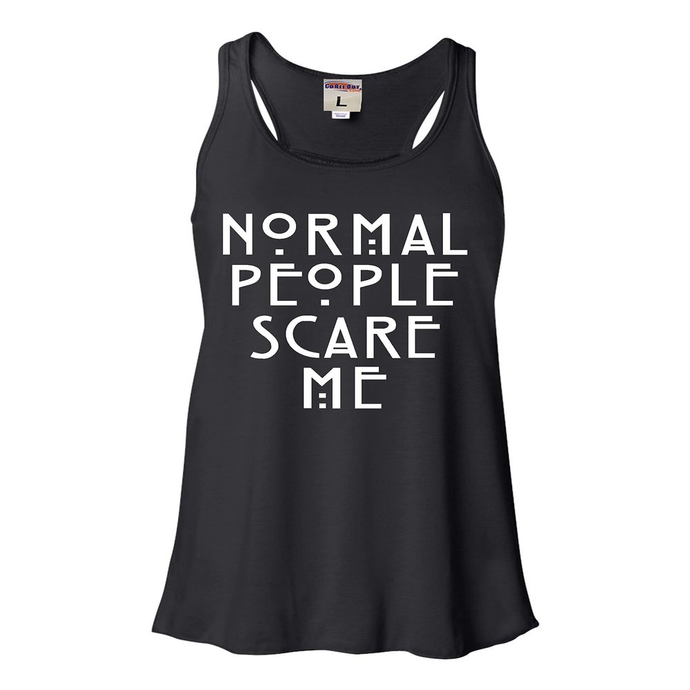 Go All Out Large Black Womens Normal People Scare Me Flowy Racerback Tank Top T-Shirt