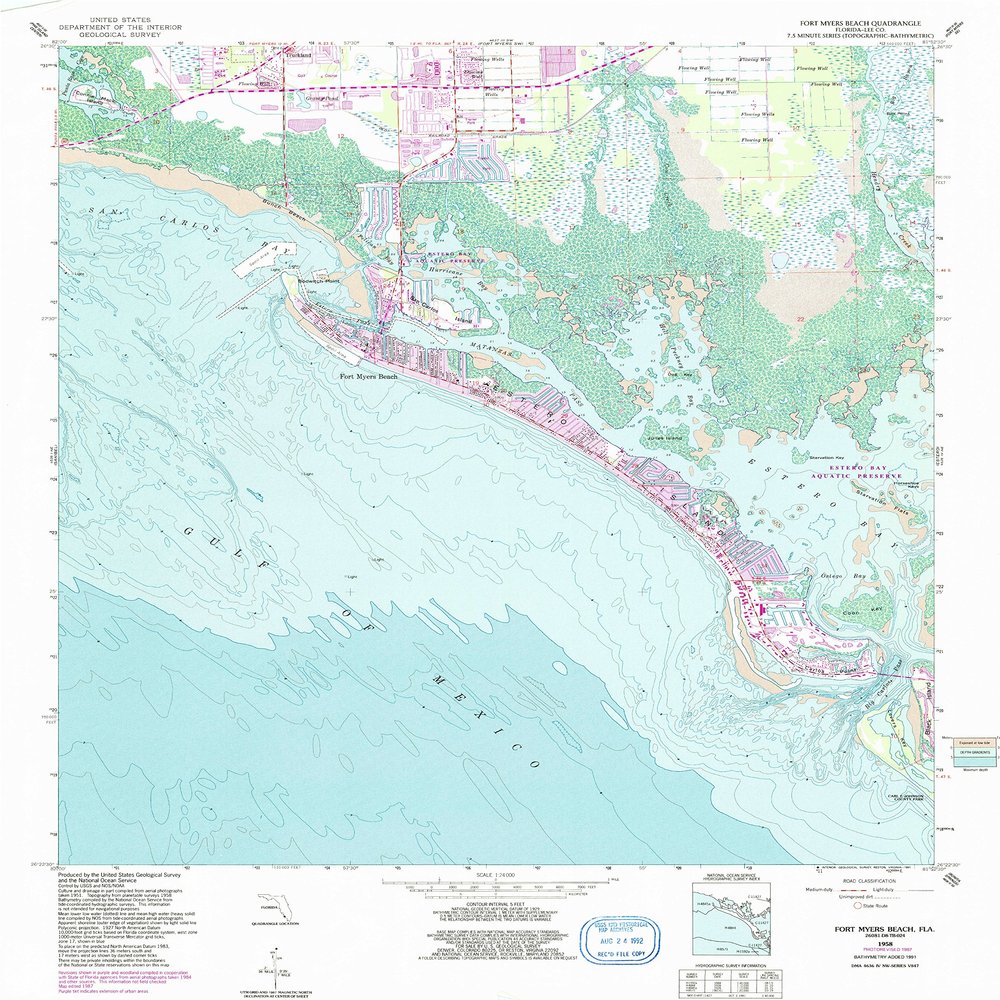 YellowMaps Fort Myers Beach FL topo map, 1:24000 Scale, 7.5 X 7.5 Minute, Historical, 1958, Updated 1991, 27.8 x 23.4 in - Tyvek