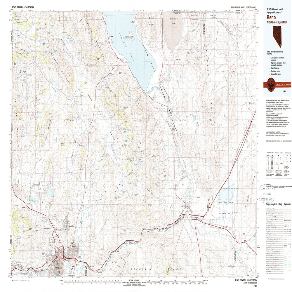 YellowMaps Reno NV topo map, 1:100000 Scale, 30 X 60 Minute, Historical, 1980, Updated 1980, 24.1 x 40.3 in - Tyvek