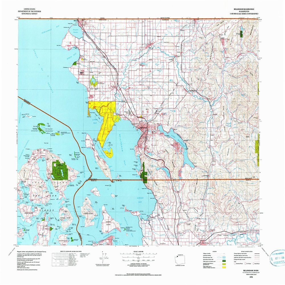 Bellingham WA topo map, 1:100000 Scale, 30 X 60 Minute, Historical, 1975, Updated 1977, 27.7 x 34.2 in - Tyvek