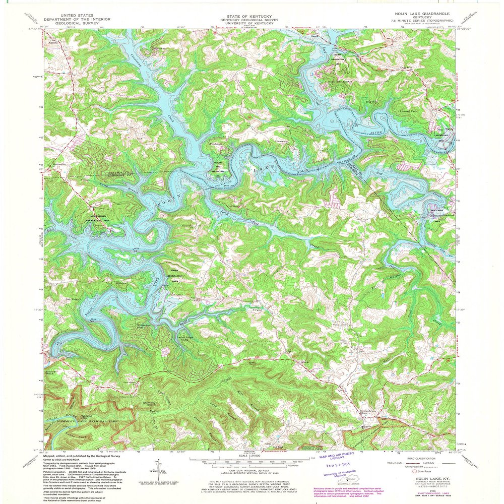 YellowMaps Nolin Lake KY topo map, 1:24000 Scale, 7.5 X 7.5 Minute, Historical, 1966, Updated 1982, 27.4 x 22.5 in - Tyvek